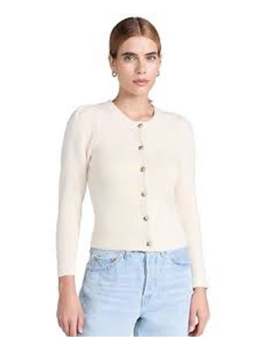 AYR Cream Button-Front Puff Sleeve Sweater Cardigan